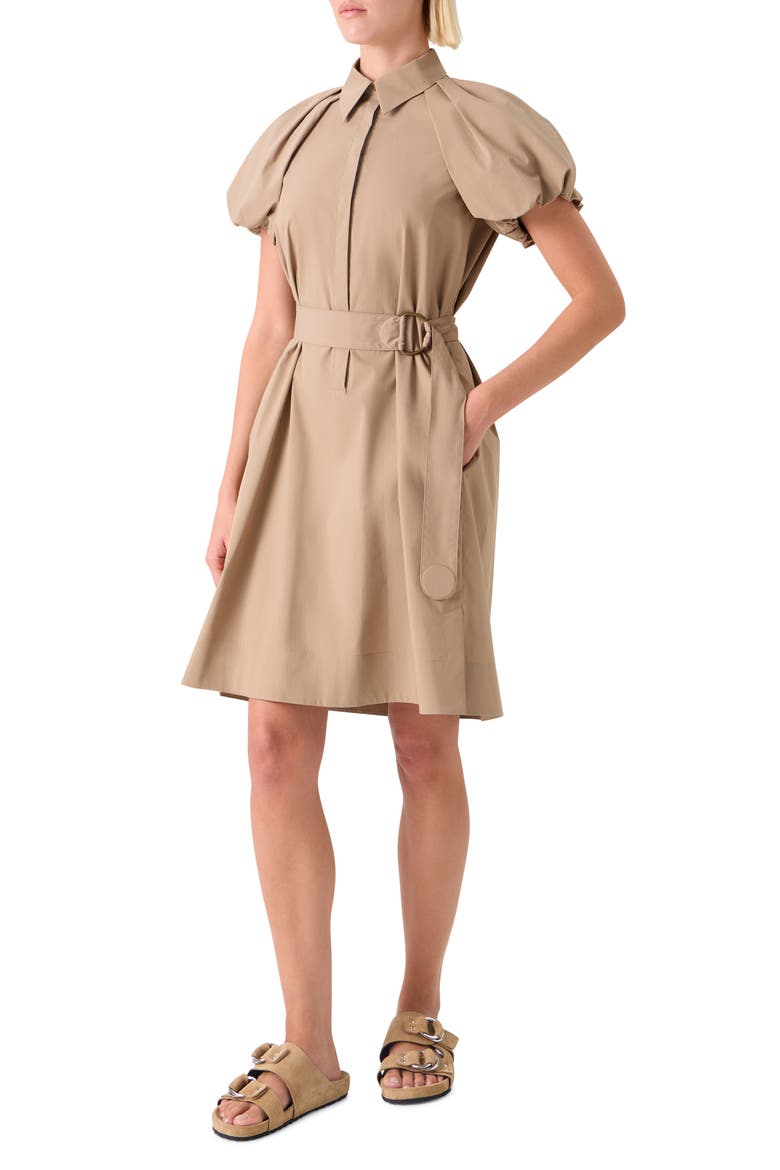 Belted Balloon Sleeve Cotton Blend Polo Dress, Alternate, color, BEIGE