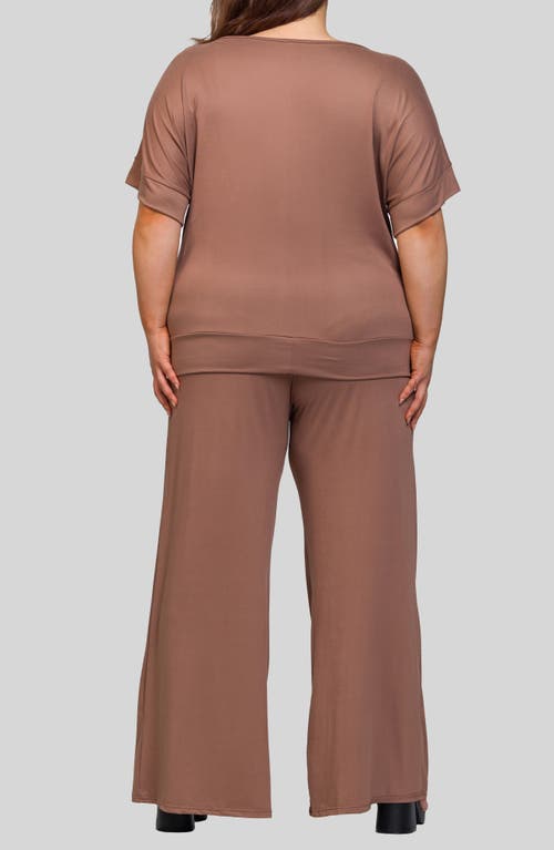 24seven Comfort Apparel Plus Size Boat Neck Top And Wide Leg Pants Set In Brown
