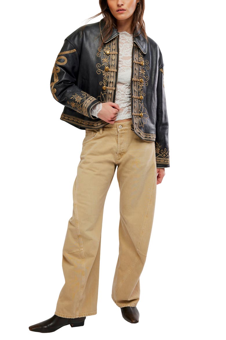 Lana Embroidered Leather Jacket, Alternate, color, BLACK