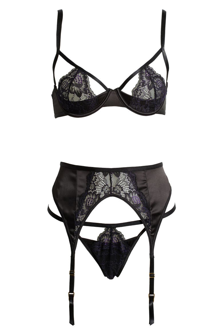 Demi Cutout Underwire Bra, G-String & Garter Belt Set, Alternate, color, BLACK/ HELIOTROPE