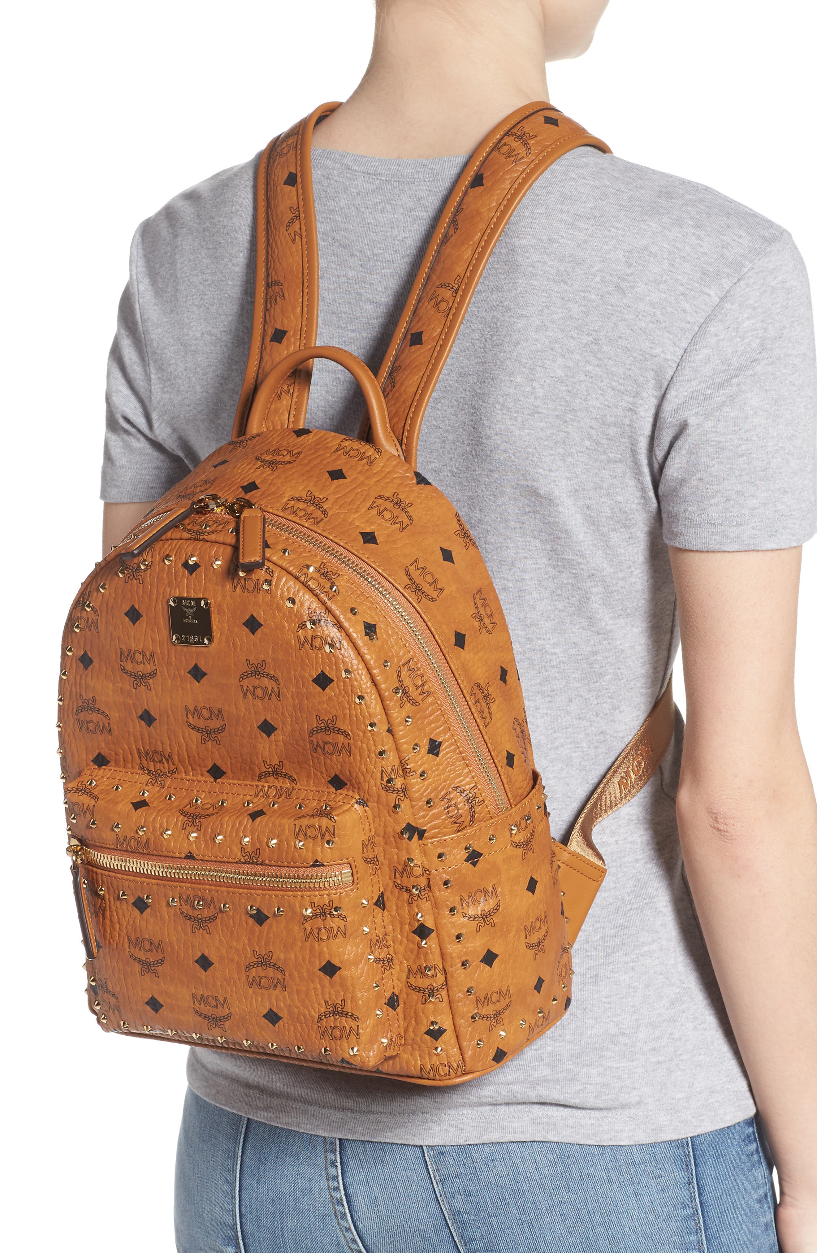 MCM Small Stark Outline Stud Leather Backpack, Alternate, color, 