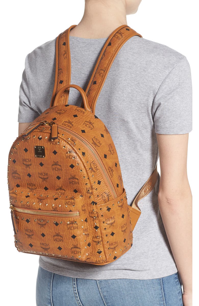 MCM Small Stark Outline Stud Leather Backpack, Alternate, color,