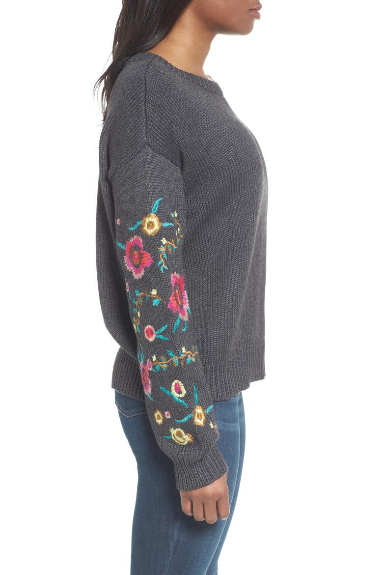 Floral Sleeve Sweater, Alternate, color, GREY