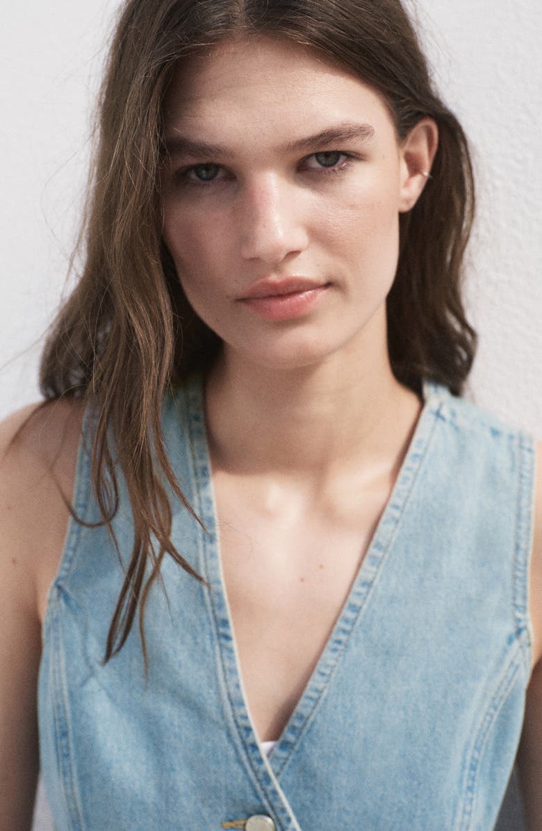 MANGO Belted Denim Vest, Alternate, color, Medium Blue