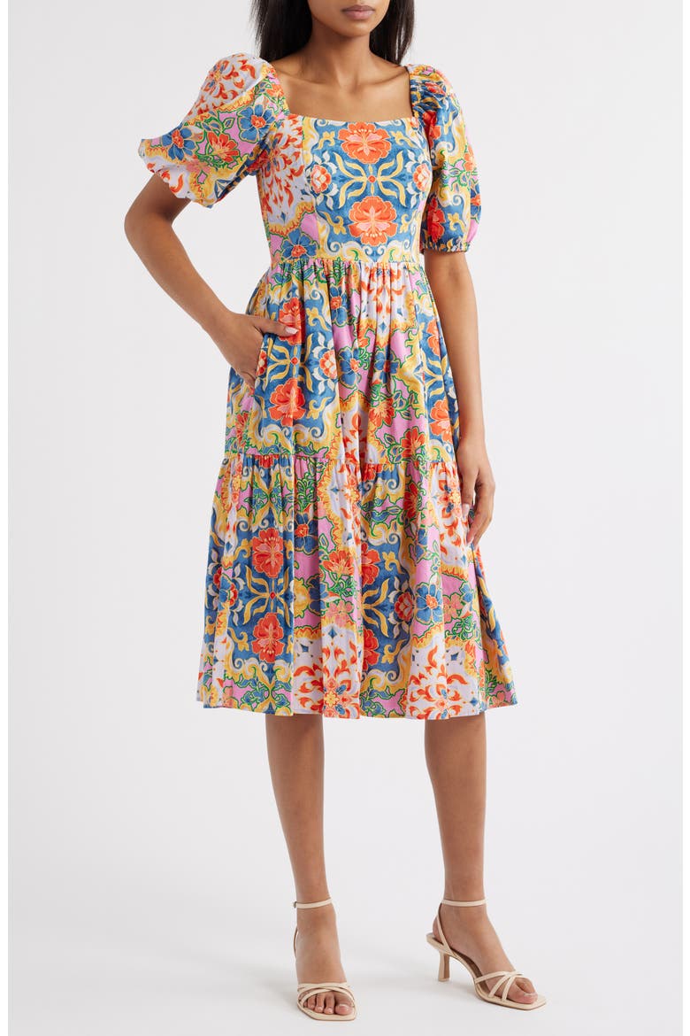 Print Square Neck Puff Sleeve Midi Dress, Main, color, BLUE MULTI