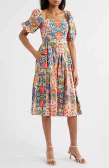 Vince Camuto Print Square Neck Puff Sleeve Midi Dress