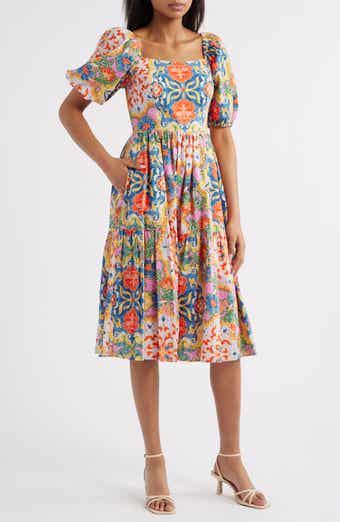 Vince Camuto Print Square Neck Puff Sleeve Midi Dress