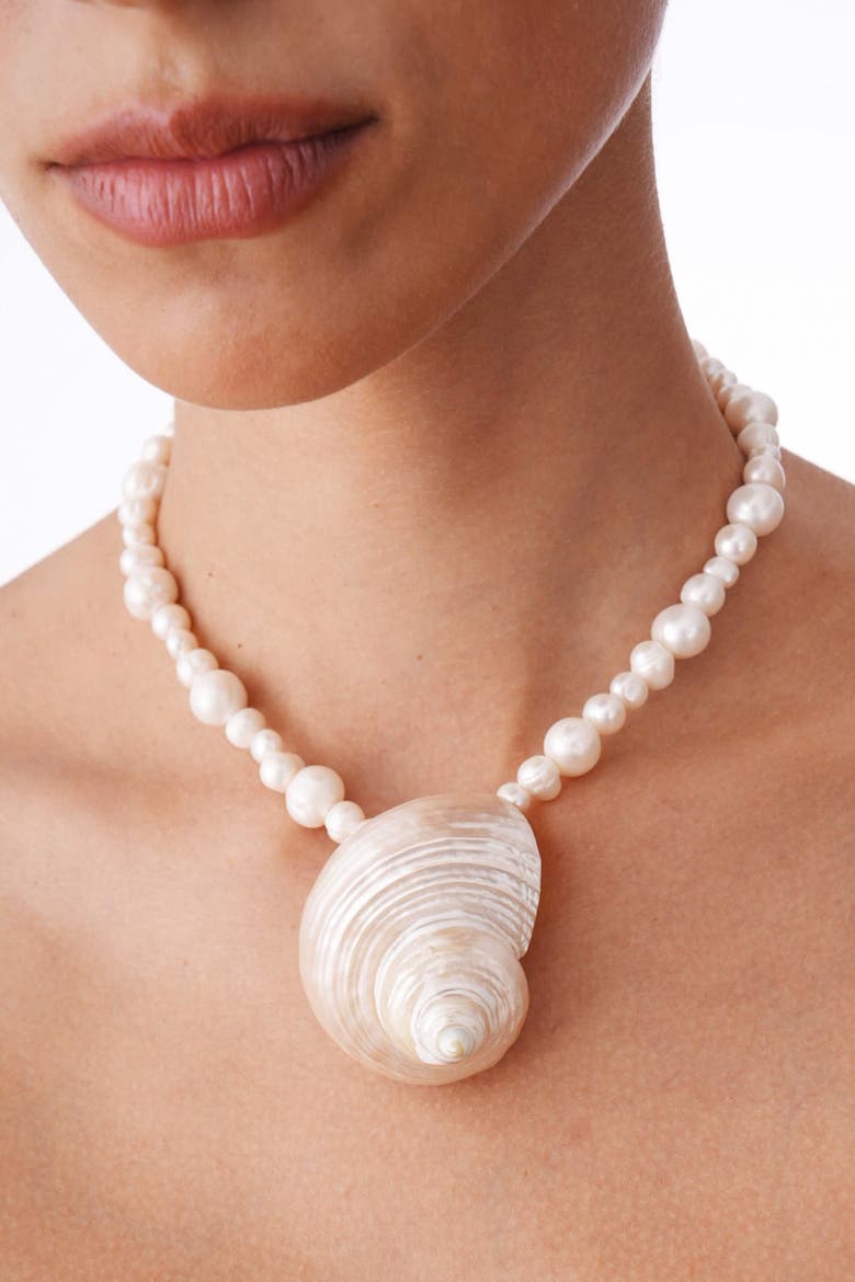 Natural Pearl Statement Necklace With Seashell Pendant, Alternate, color, White
