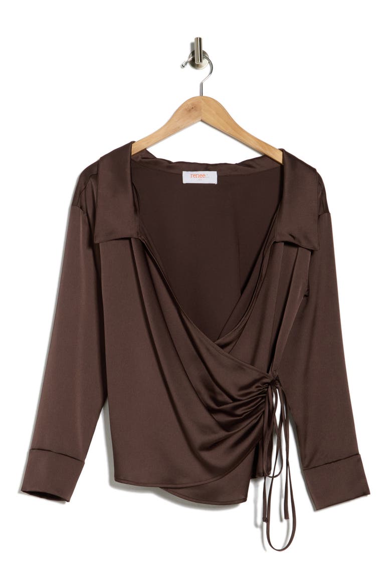 Faux Wrap Satin Top, Alternate, color, CHOCOLATE