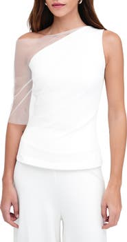 Marcella Zinnia Mixed Media Layered One-Shoulder Top