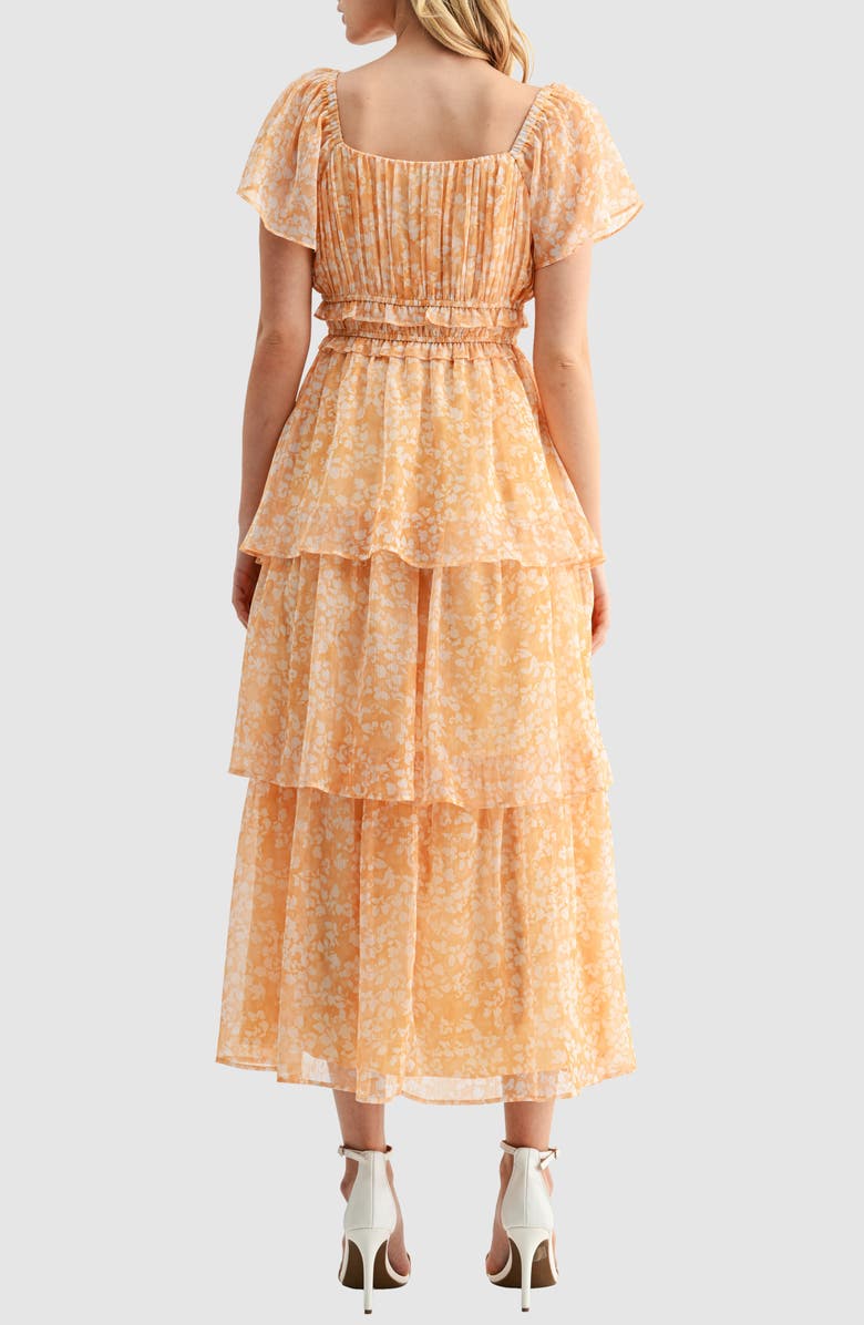 Mila Mae Floral Print Pleated Tiered Midi Dress, Alternate, color, Mustard Floral