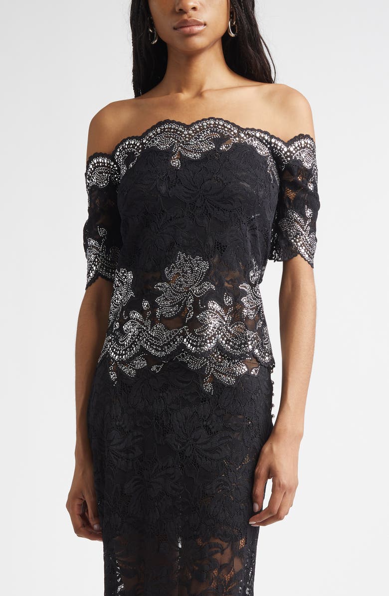 Rabanne Stud Embellished Off the Shoulder Lace Top, Main, color, Black