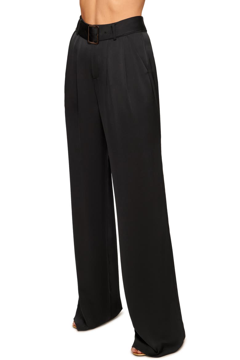 Amaya Belted Satin Pants, Alternate, color, BLACK