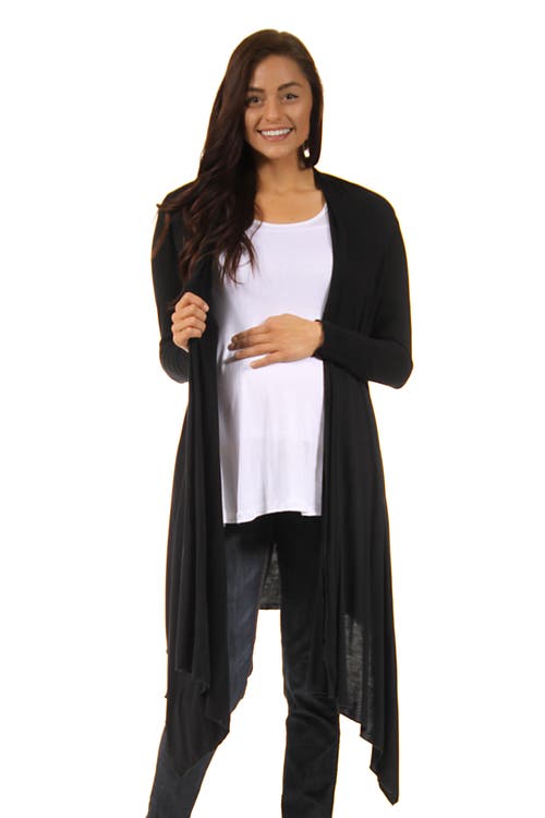 24seven Comfort Apparel Extra Long Open Front Maternity Cardigan In Black