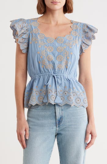 Democracy Embroidered Eyelet Flutter Sleeve Peplum Top In Gold