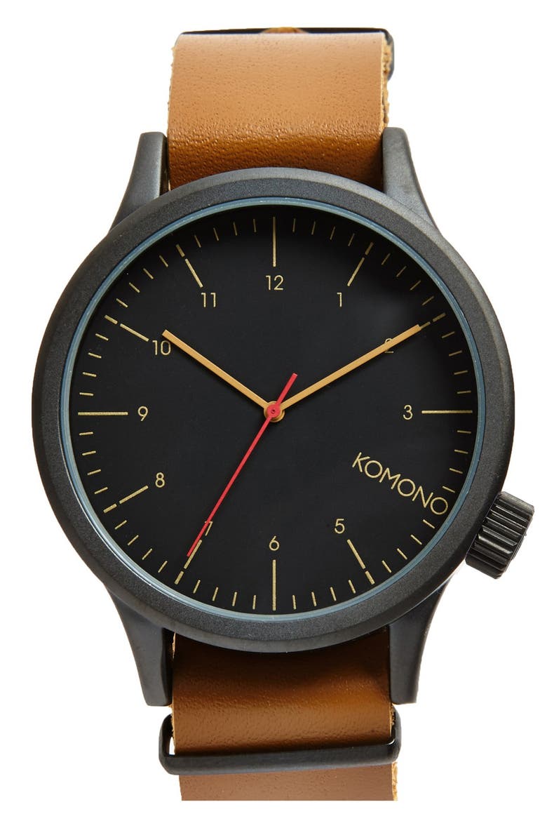 'Magnus' Oversized Round Dial Leather Strap Watch, 57mm, Main, color, BLACK COGNAC