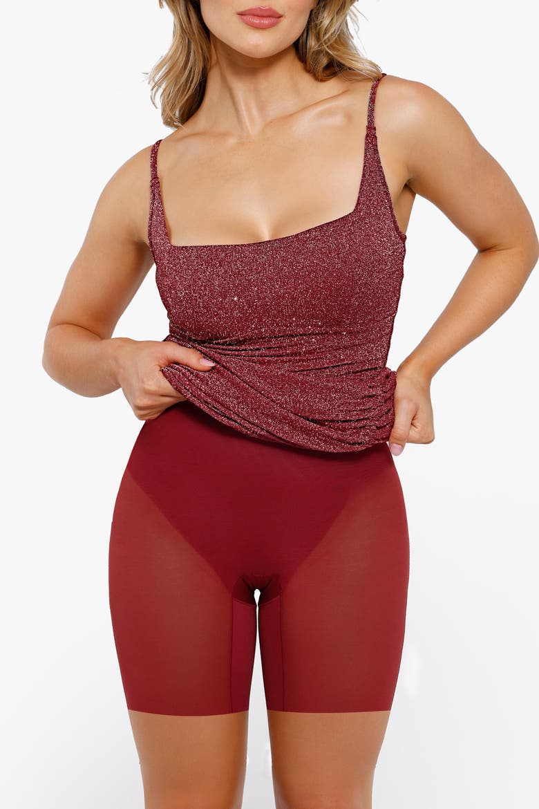 Shapewear Metallic Knit Bodycon Sculpting Midi Slip Dress, Alternate, color, Wine