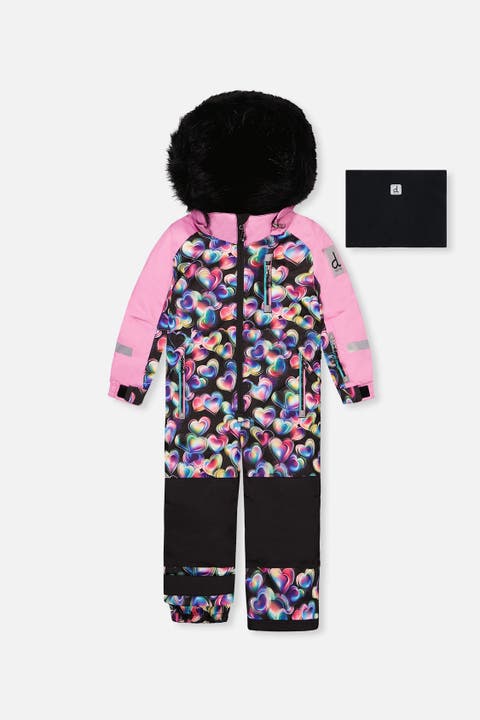 Play Heart Faux Fur Hood & Expandable Sleeve One Piece Snowsuit