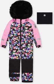 Deux par Deux Play Heart Faux Fur Hood & Expandable Sleeve One Piece Snowsuit