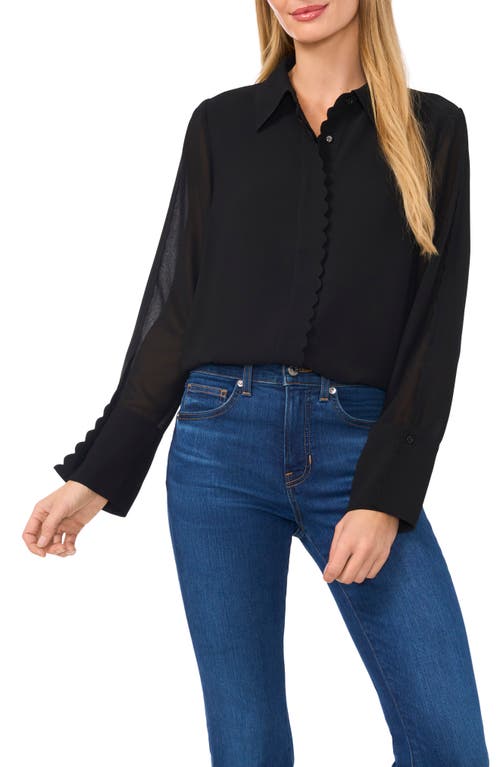 CeCe Scallop Trim Chiffon Shirt in Rich Black 