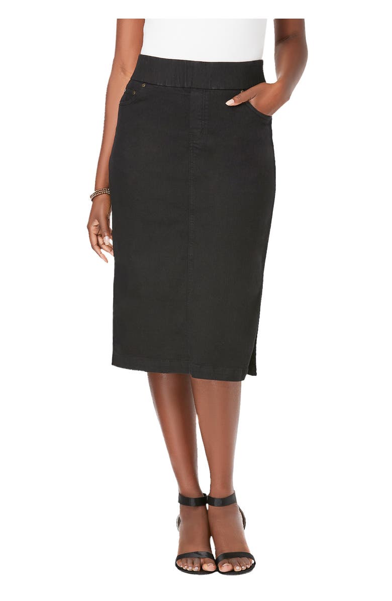 Jessica London Comfort Waist Stretch Denim Midi Skirt, Main, color, Black