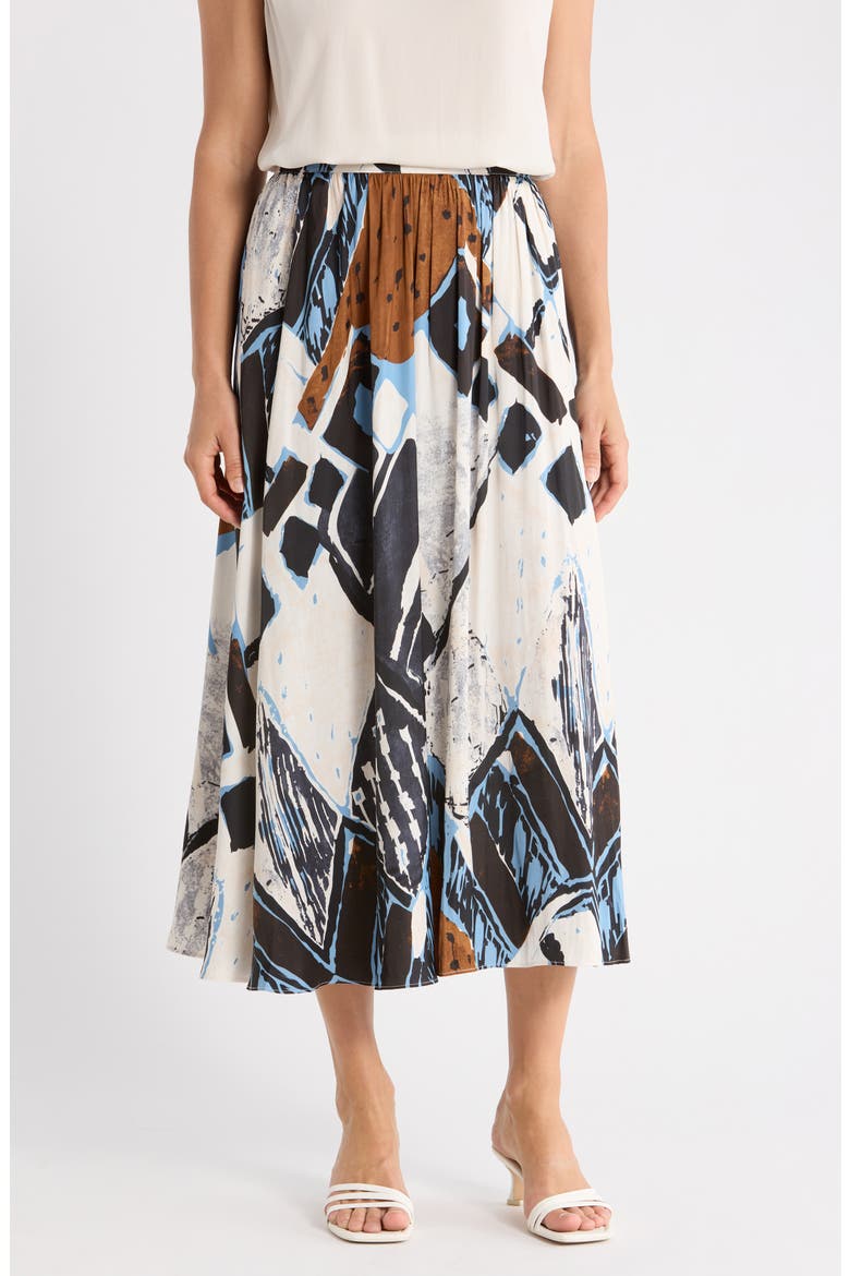 Palm Print Pleat Midi Skirt, Main, color, BLUE DIAMOND TIKI