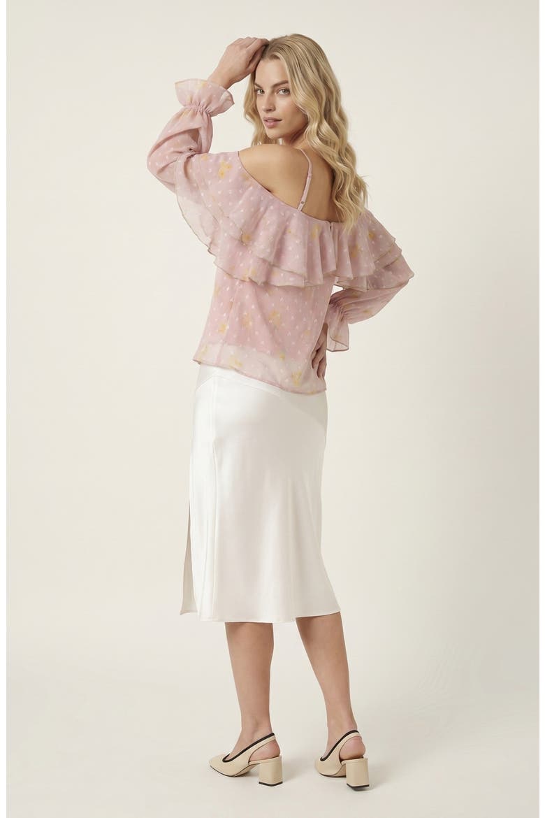 Sheer Cold-Shoulder Floral Applique Ruffle Trim Blouse, Alternate, color, Blush Pink