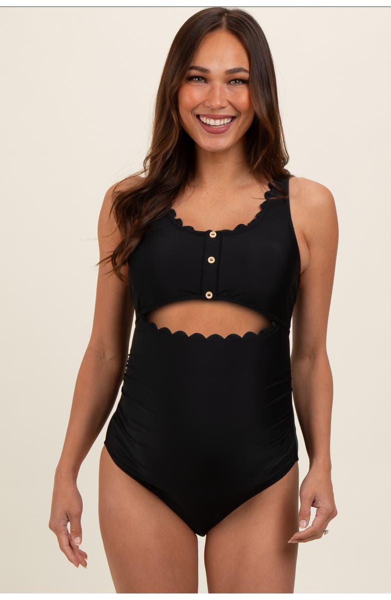 PinkBlush Scalloped Cutout Ruched One Piece Swimsuit, Main, color, Black