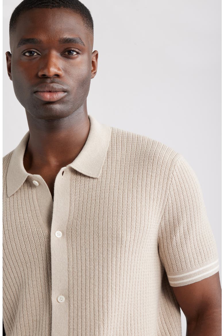 Short Sleeve Ribbed Cotton & Silk Cardigan, Alternate, color, BEIGE OAK HEATHER