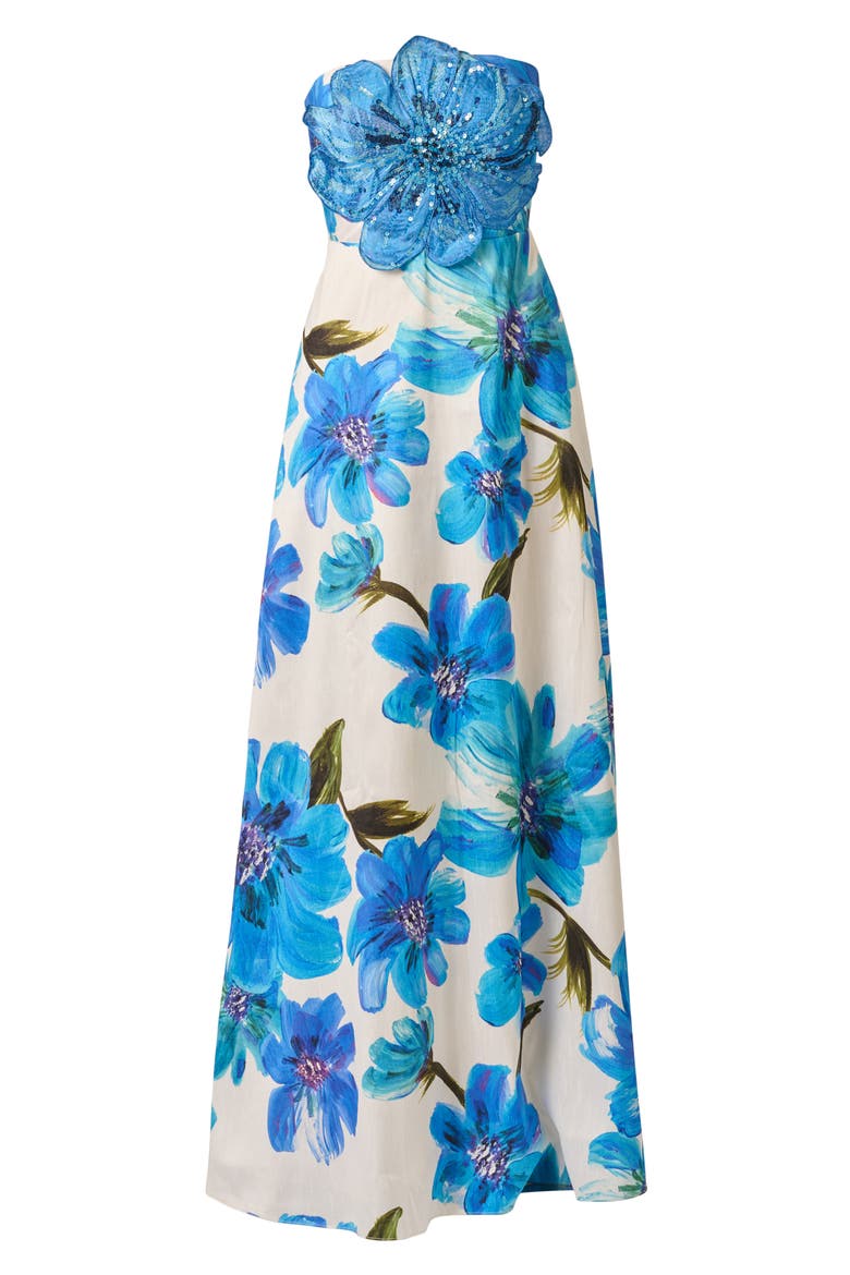 Floral Print Strapless Gown, Alternate, color, IVORY/ BLUE MULTI