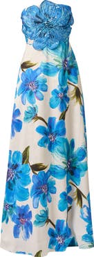 Adrianna Papell Floral Print Strapless Gown