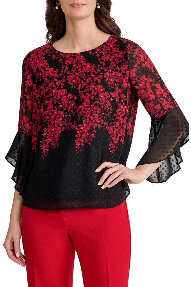 Ruffle Sleeve Clip Dot Chiffon Top, Main, color, BLACK MULTI