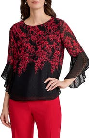 KASPER Ruffle Sleeve Clip Dot Chiffon Top