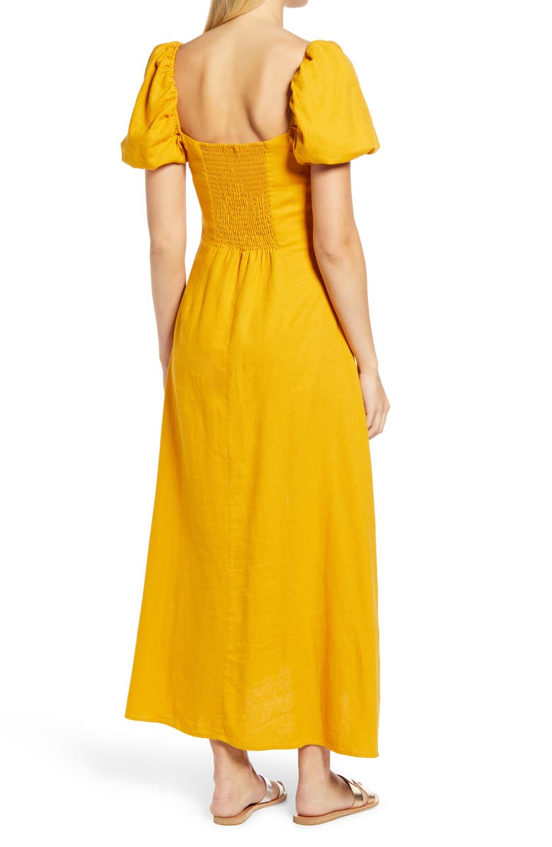 PRIM Women's Puff Sleeve Button Midi Dress, Alternate, color, Mustard