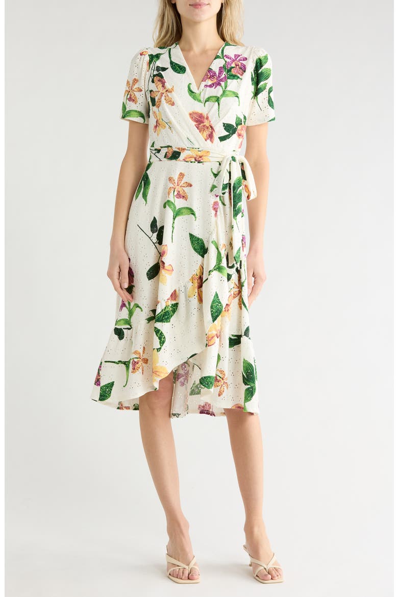 Floral Eyelet Short Sleeve Faux Wrap Dress, Main, color, SOFT WHITE/ MARIGOLD