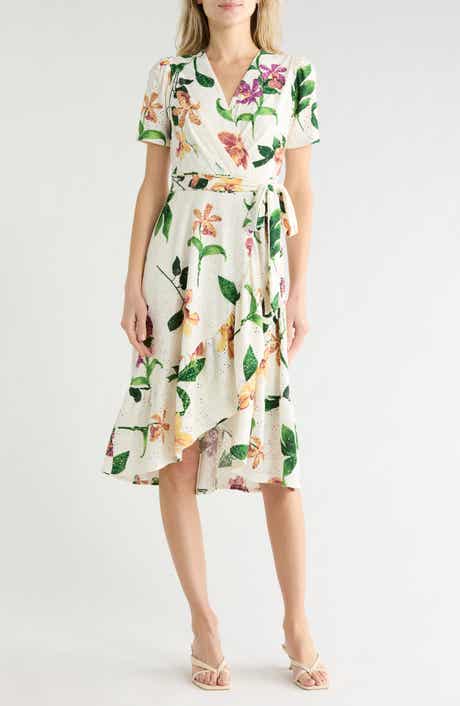 London Times Floral Eyelet Short Sleeve Faux Wrap Dress