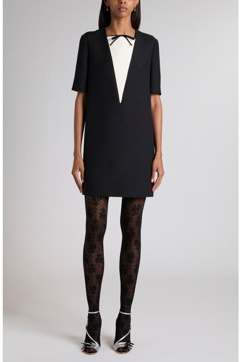 Contrast Inset Wool & Silk Crepe Couture Shift Dress, Main, color, BLACK/ IVORY