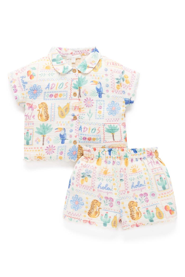 Postcard Button Up Top & Short Set, Main, color, Postcard Print