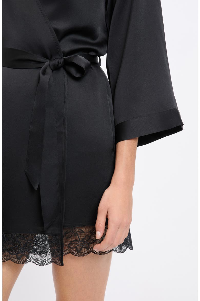 Desire Lace Trim Satin Robe, Alternate, color, BLACK