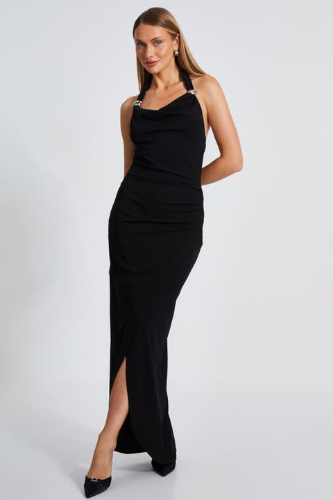 Scuba Crepe Buckle Detail Halter Neck Maxi Dress