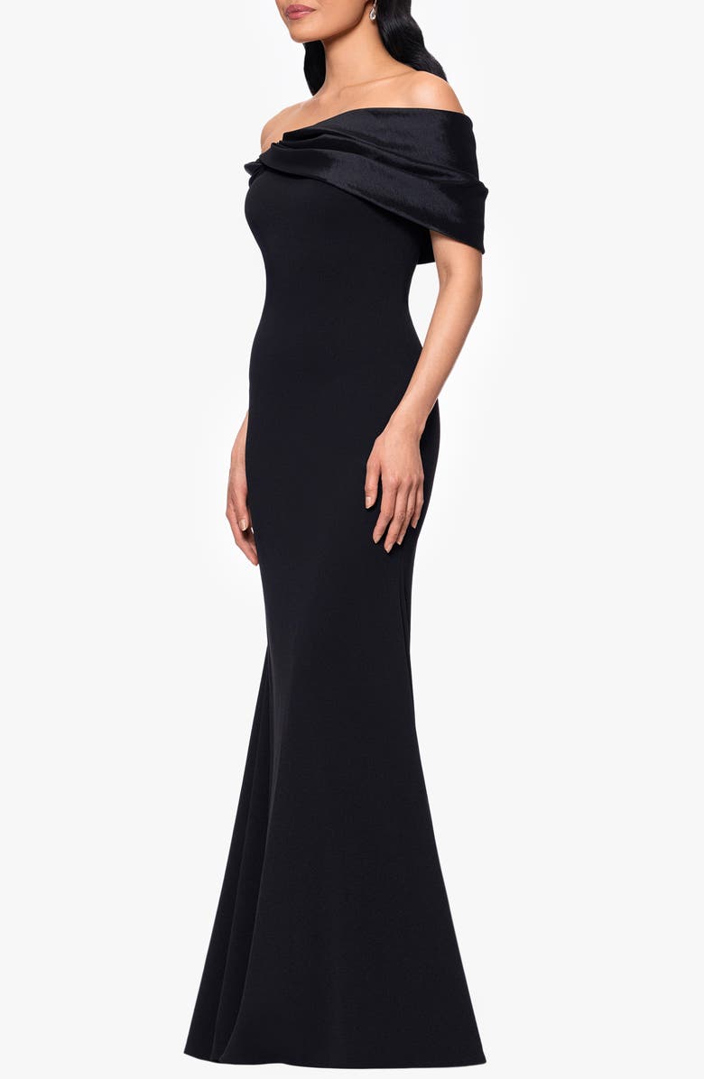 Betsy & Adam Off the Shoulder Crepe & Taffeta Sheath Gown, Alternate, color, Black