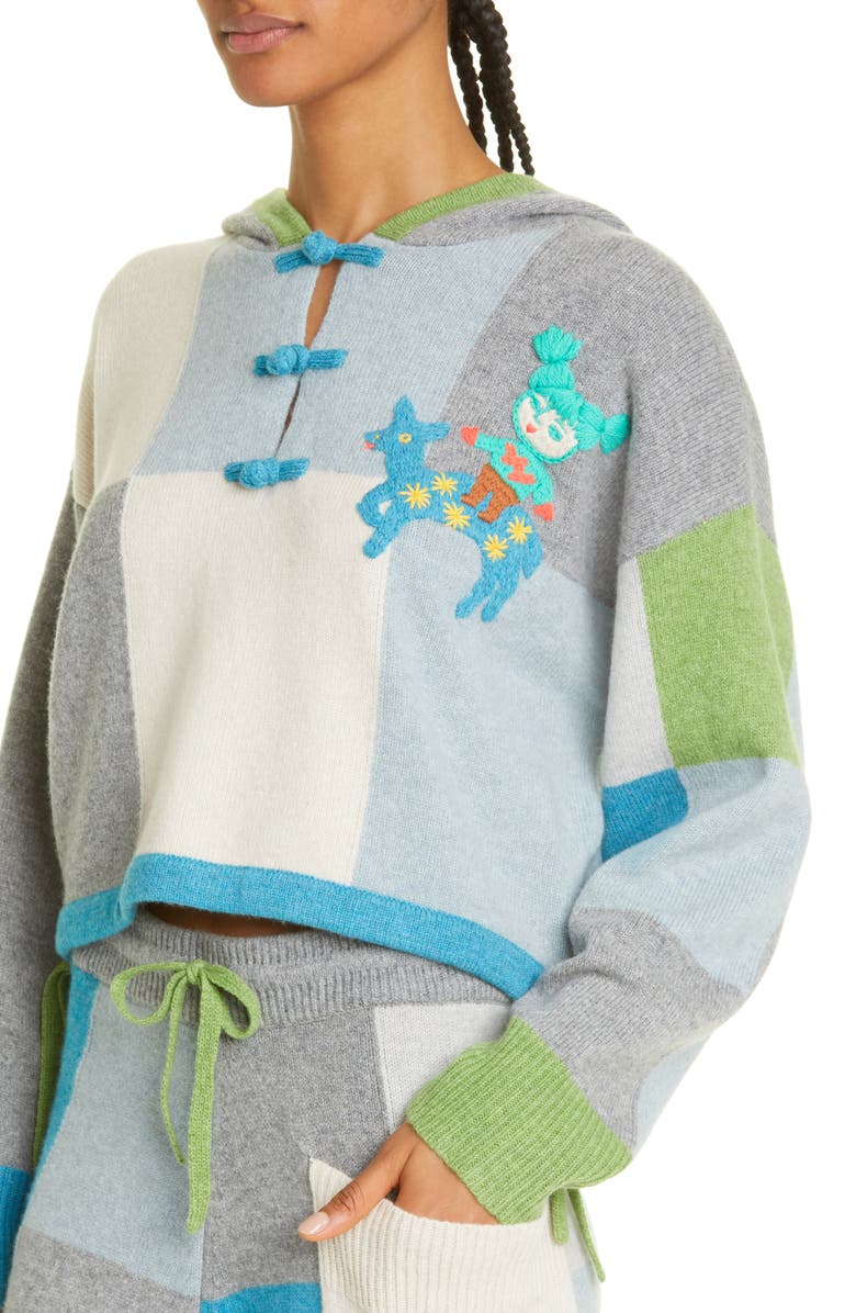 YanYan Embroidered Colorblock Check Wool Hooded Sweater, Alternate, color, 