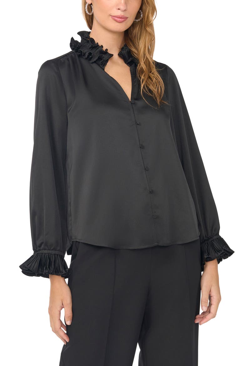 Pleated Ruffle Satin Top, Main, color, RICH BLACK