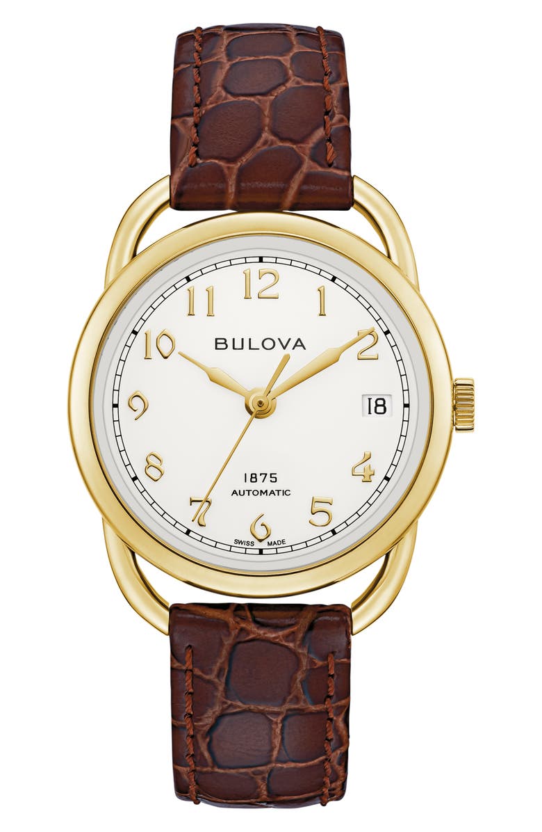BULOVA Joseph Bulova Commodore Leather Strap Watch, 34.4mm, Main, color, Gold-Tone