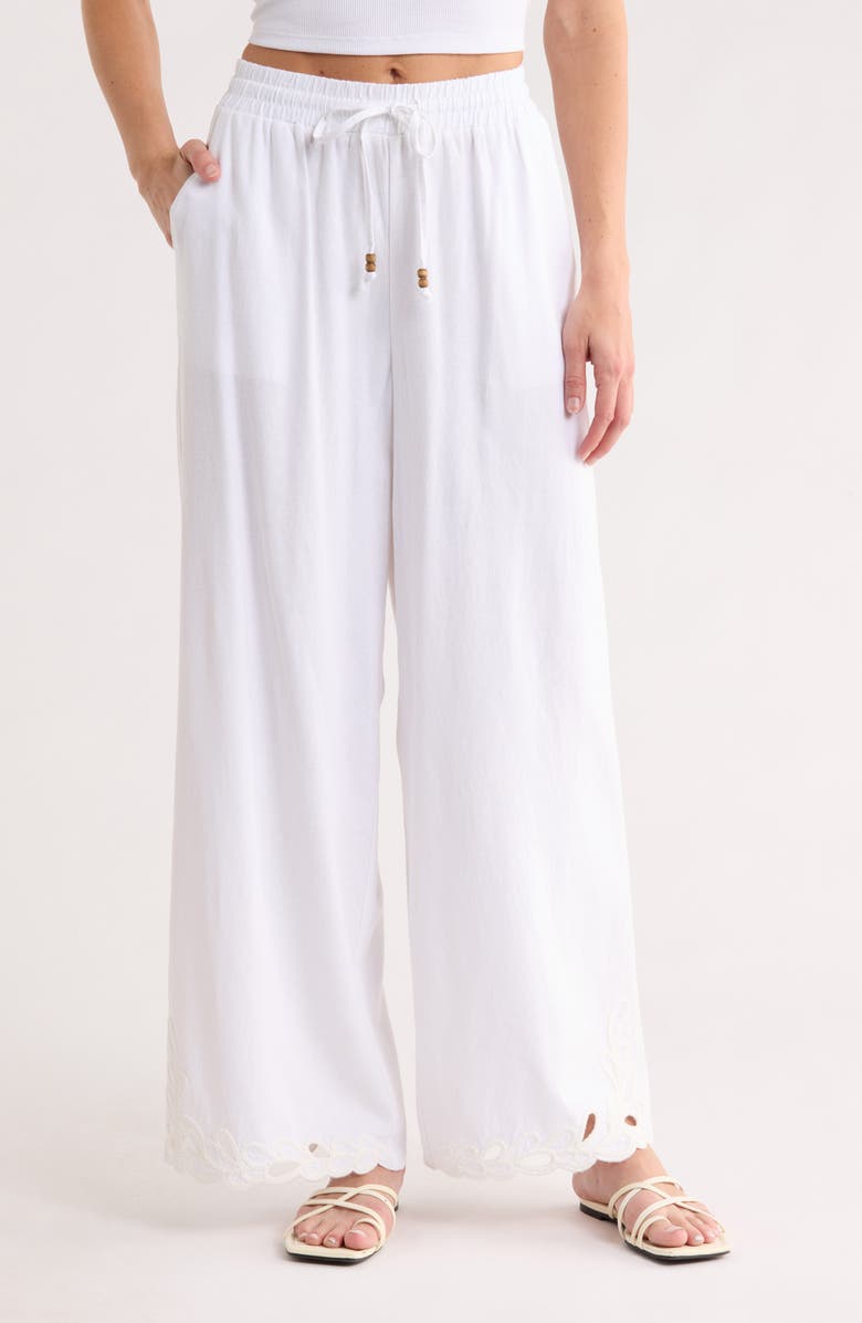 Ellen Tracy Embroidered Eyelet Hem Wide Leg Pull-On Pants, Main, color, White