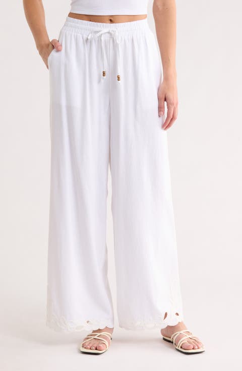 Embroidered Eyelet Hem Wide Leg Pull-On Pants
