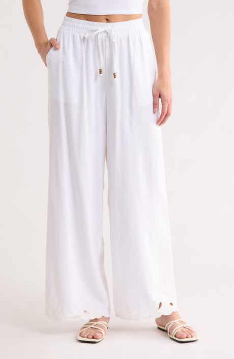 Ellen Tracy Embroidered Eyelet Hem Wide Leg Pull-On Pants
