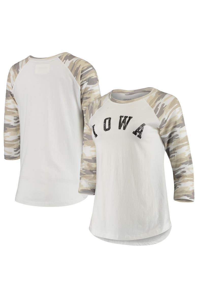 Women's White/Camo Iowa Hawkeyes Boyfriend Baseball Raglan 3/4-Sleeve T-Shirt, Alternate, color, White