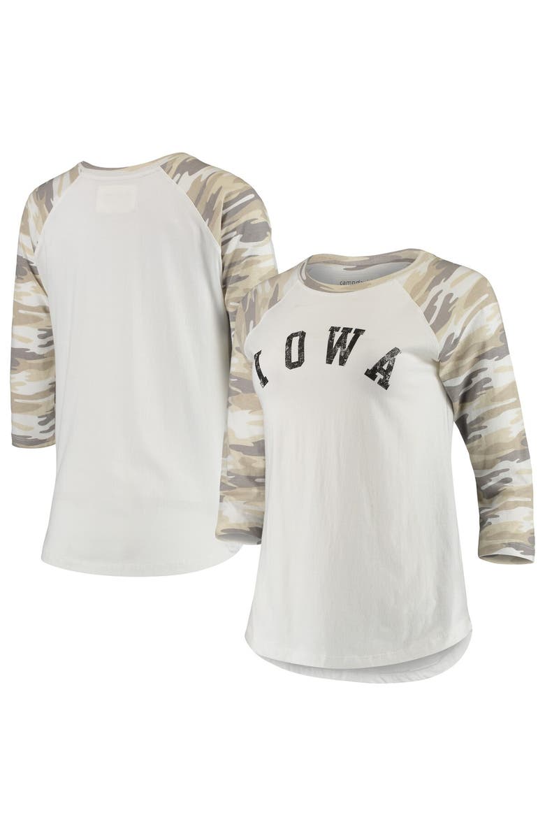 CAMP DAVID Women's White/Camo Iowa Hawkeyes Boyfriend Baseball Raglan 3/4-Sleeve T-Shirt, Alternate, color, White