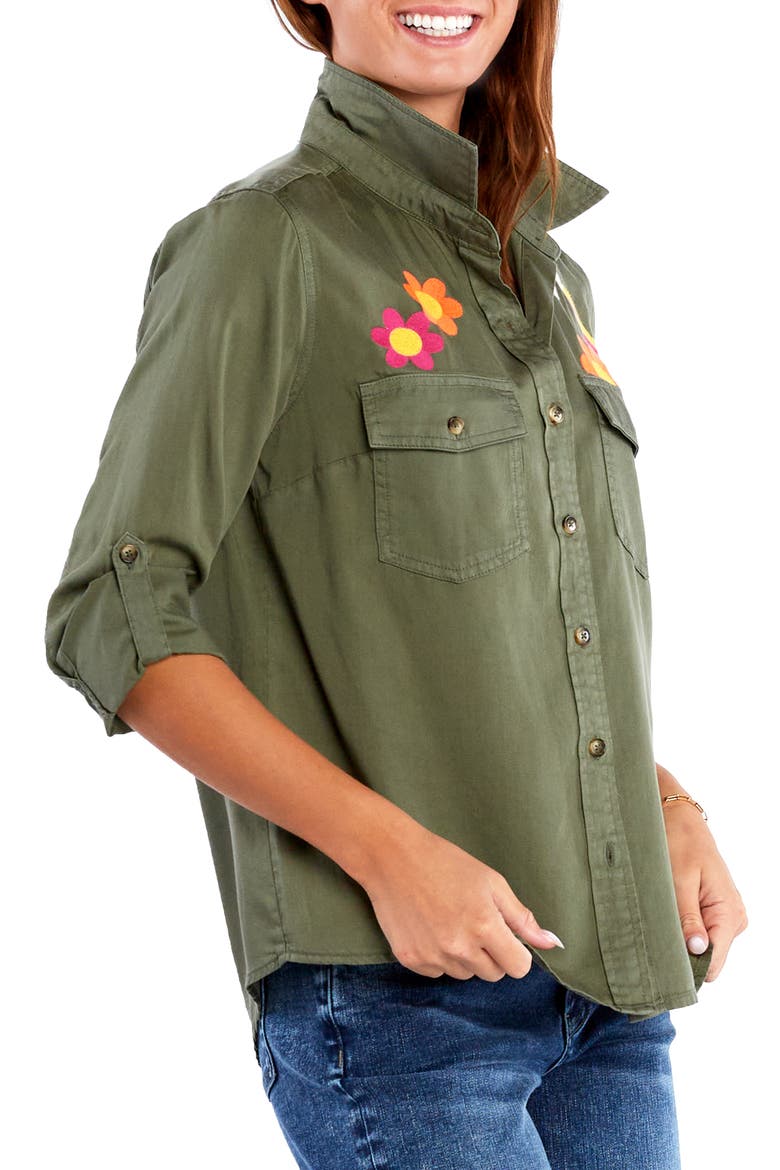 Peace & Love Embroidered Button-Up Shirt, Alternate, color, SOFT OLIVE